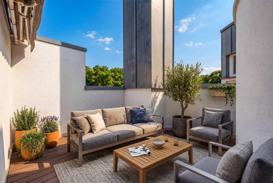M�blierungsvorschlag Dachterrasse Dachgeschosswohnung M�nchen